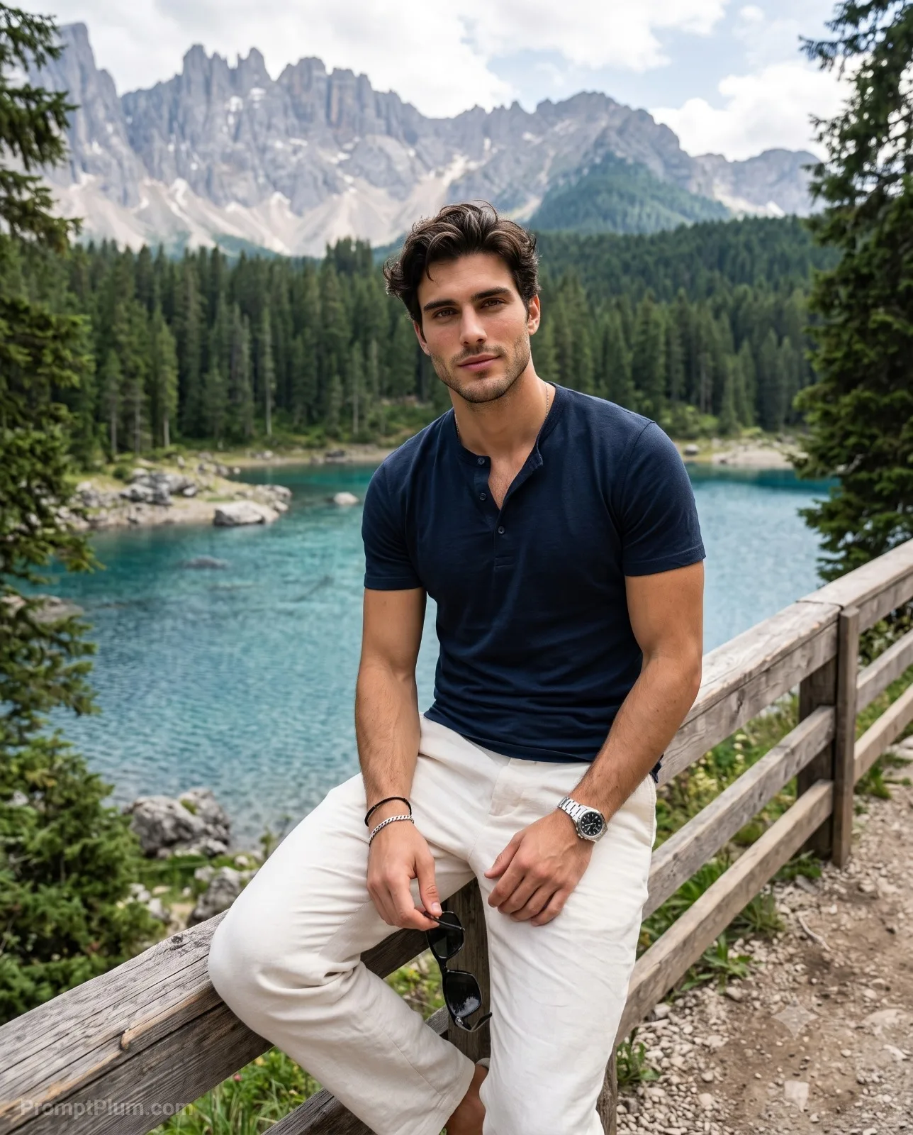 Handsome Man Relaxing by an Alpine Mountain Lake