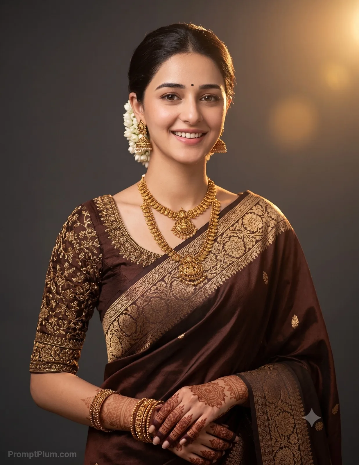 South Indian Bridal Portrait with Mehndi Hands